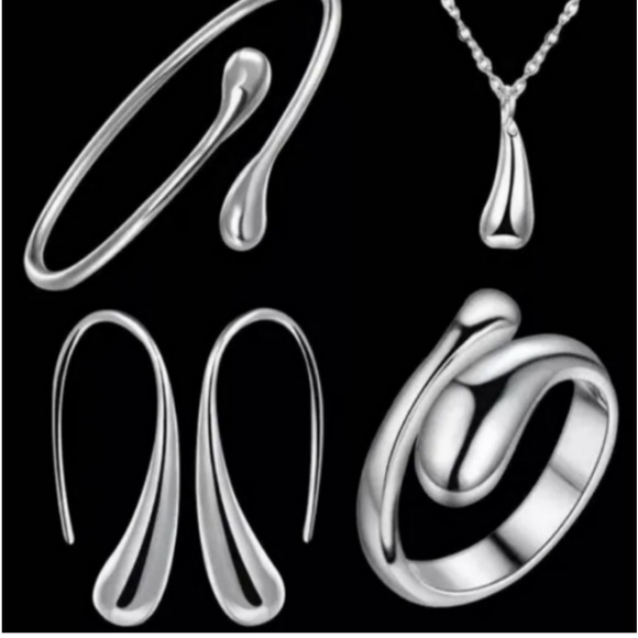 STERLING SILVER Water Drop Bean Jewelry Set Earrings Ring Bracelet Pendant Chain - Picture 9 of 11